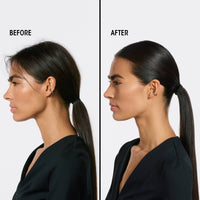 Before-and-after comparison of a sleek ponytail, Oribe Supershine Smoothing Wax Stick