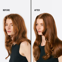 Before-and-after comparison of long wavy hair, Oribe Supershine Smoothing Wax Stick