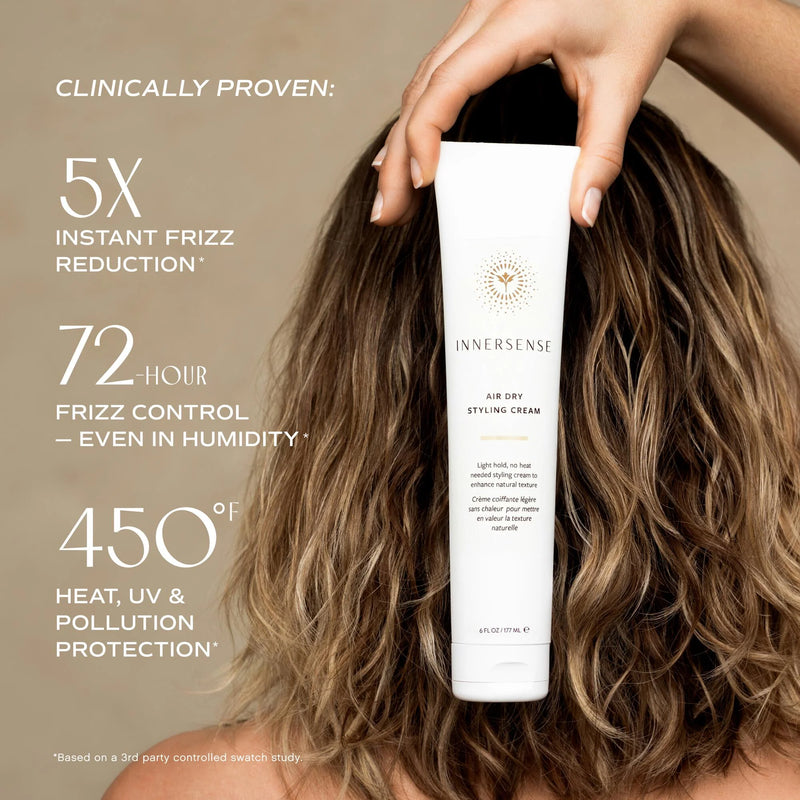 Innersense Air Dry Styling Cream graphic with a model and the tube