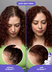 Curly hair and scalp photos labelled without and with K18 AirWash Dry Shampoo