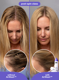 Blonde hair and scalp photos labelled without and with K18 AirWash Dry Shampoo