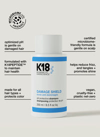 K18 Damage Shield pH Protective Shampoo with information text