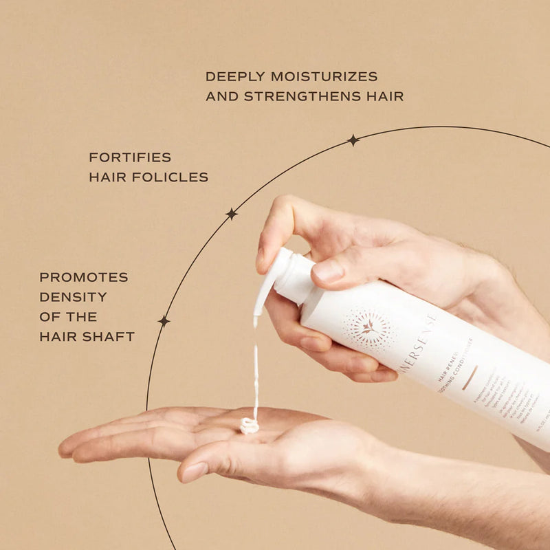 Innersense Hair Renew Soothing Conditioner graphic with conditioner dispensed into a hand