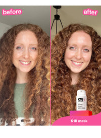 Curly hair photos labelled before and after, shown with K18 Leave-In Molecular Repair Hair Mask