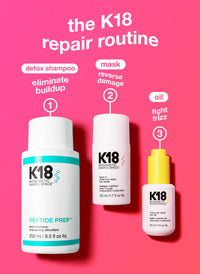 K18 repair routine graphic showing a shampoo, mask and oil