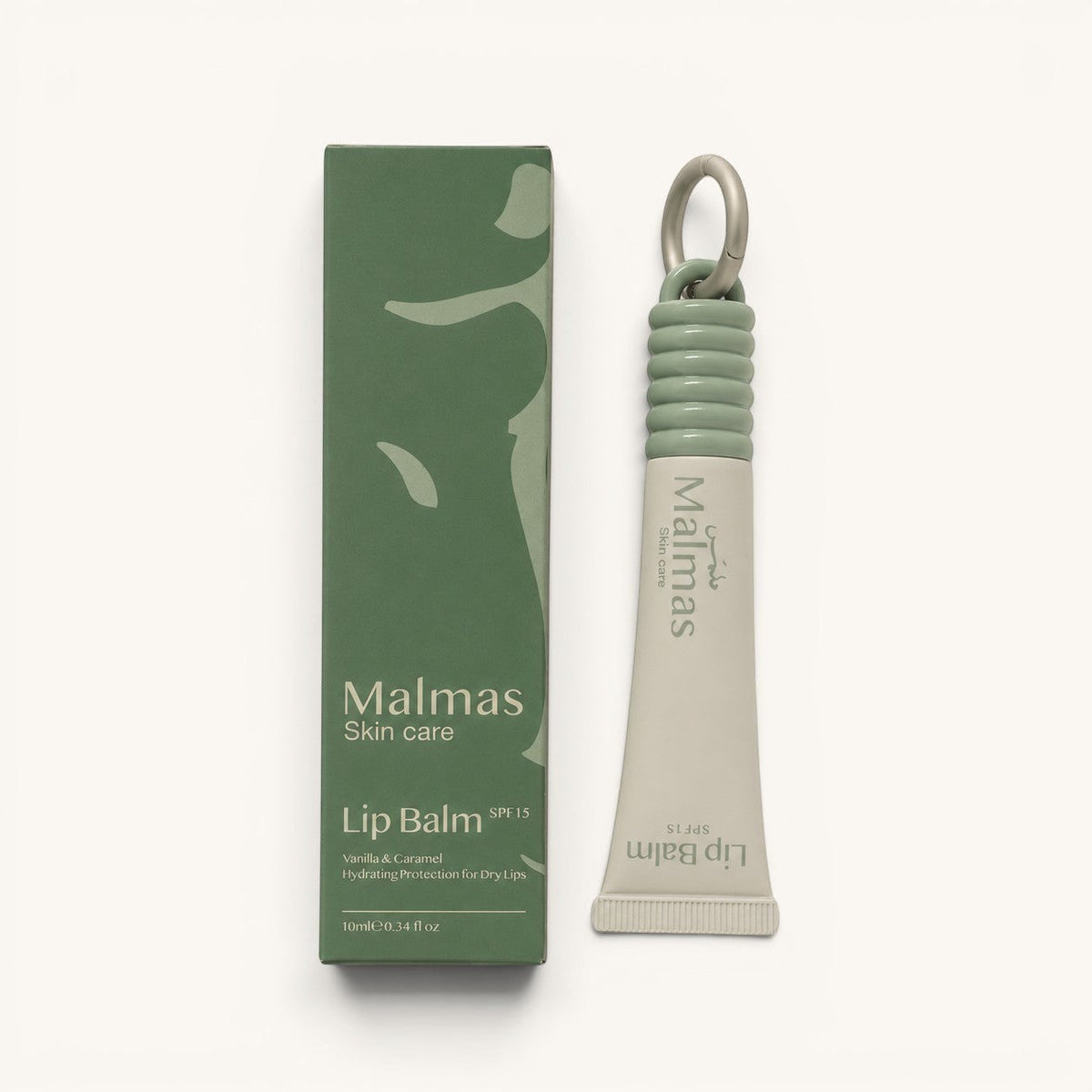 Malmas Vanilla & Caramel Lip Balm SPF15 tube with its box