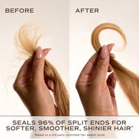 Hair-end photos labelled before and after, Innersense Overnight Repair Serum