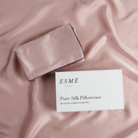 Esmé silk pillowcase in pink with an Esmé card