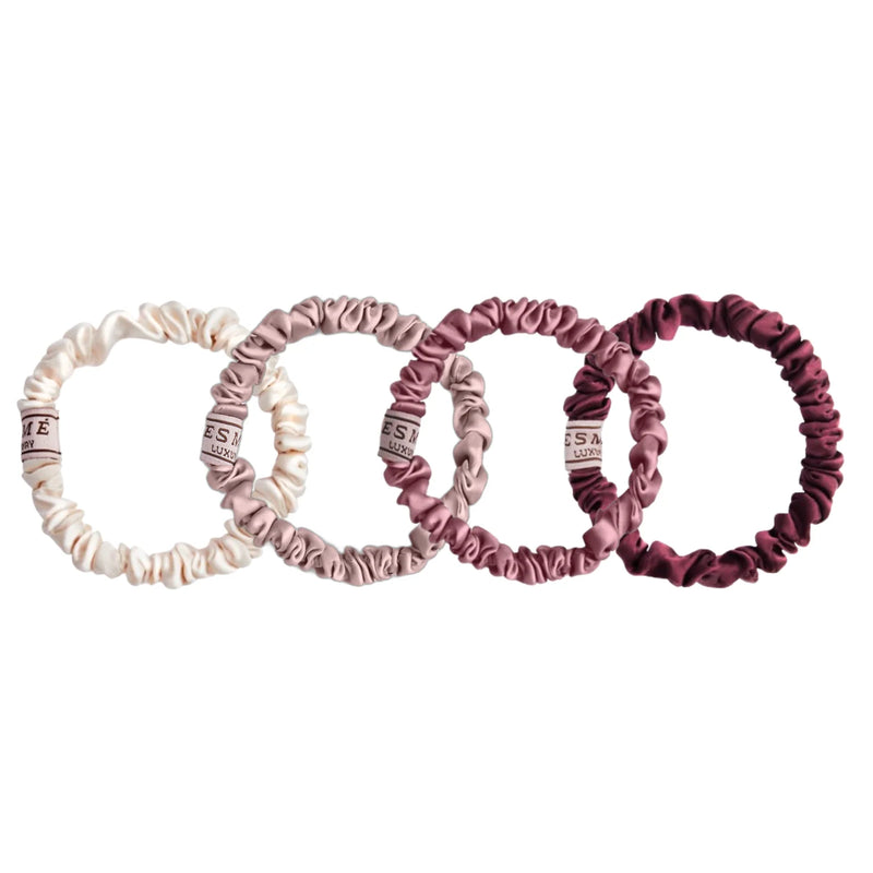 Esmé skinny silk scrunchies in pink tones, set of four