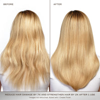 Back-view photos of long blonde hair labelled before and after, Innersense Repair Mask
