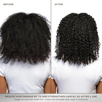 Back-view photos of curly hair labelled before and after, Innersense Repair Mask