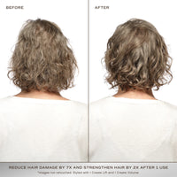 Back-view photos of short wavy hair labelled before and after, Innersense Repair Mask