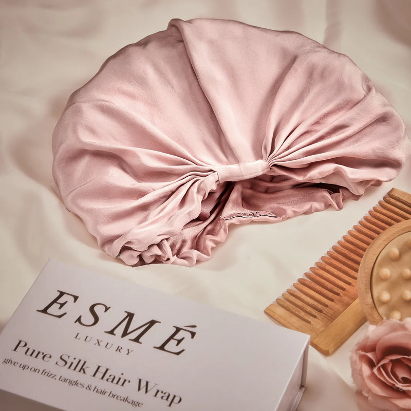 Esmé silk hair wrap in pink with an Esmé card