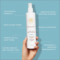 Hand holding Innersense Sweet Spirit Leave-In Conditioner with information text